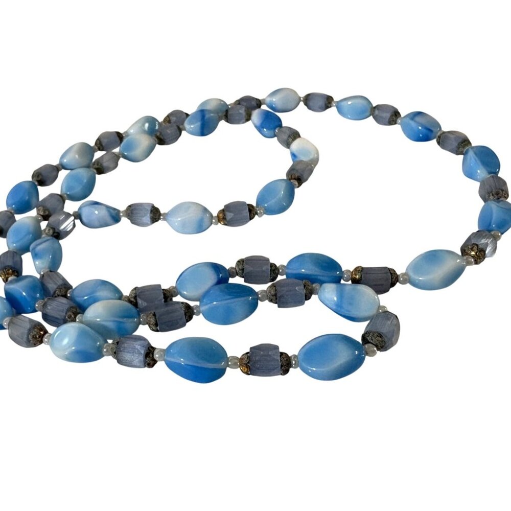 Baby Blue Atlas Glass and Molded Glass Necklace Silver Tone Accents 34" Vintage
